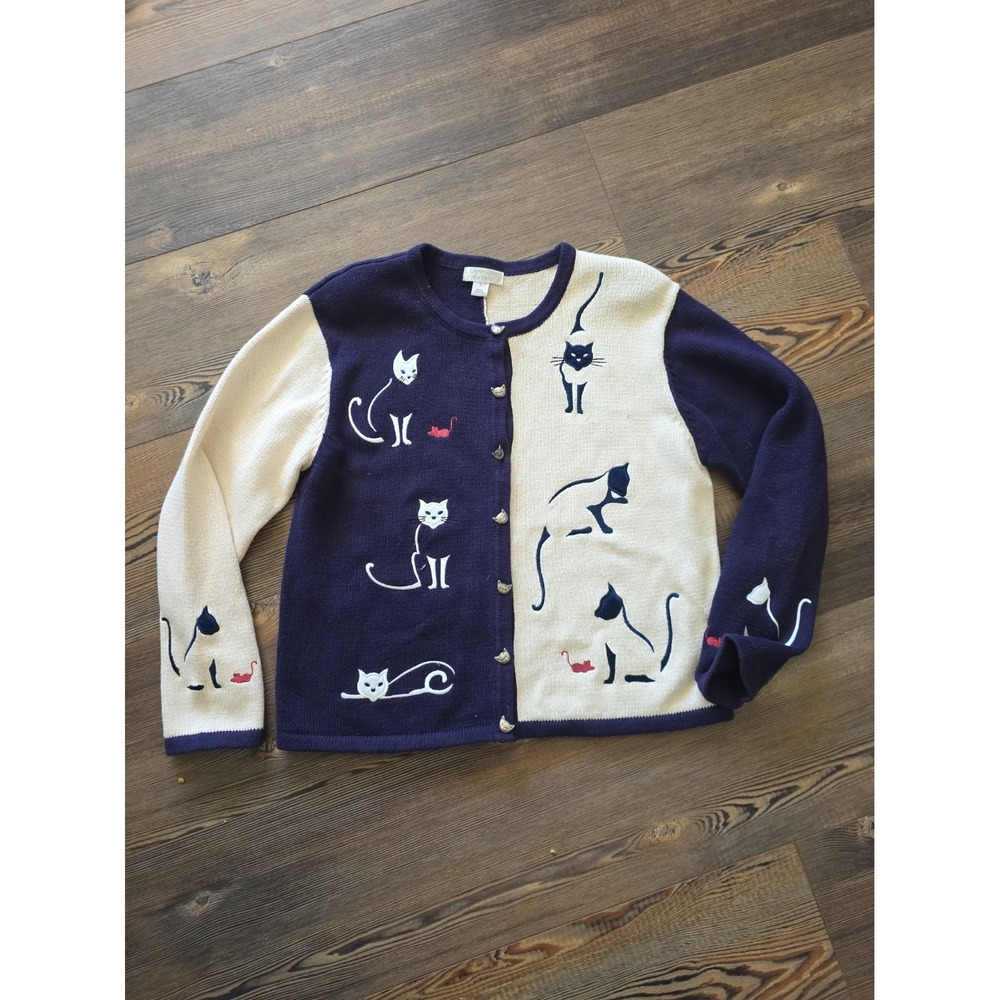 VTG Christopher & Banks Embroidered Cat Cardigan Sweater Large Grannycore Y2k